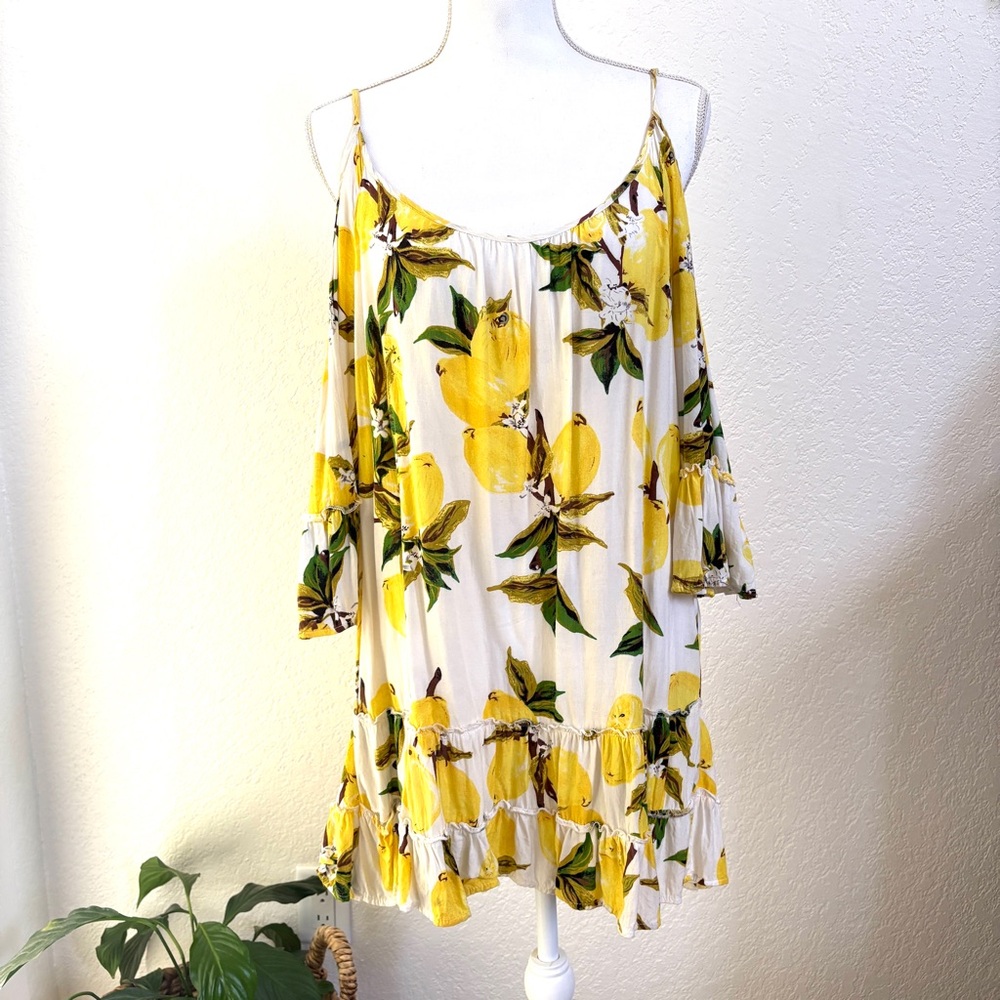 Solitaire Cold Shoulder Lemon Print Summer Mini Dress S,M